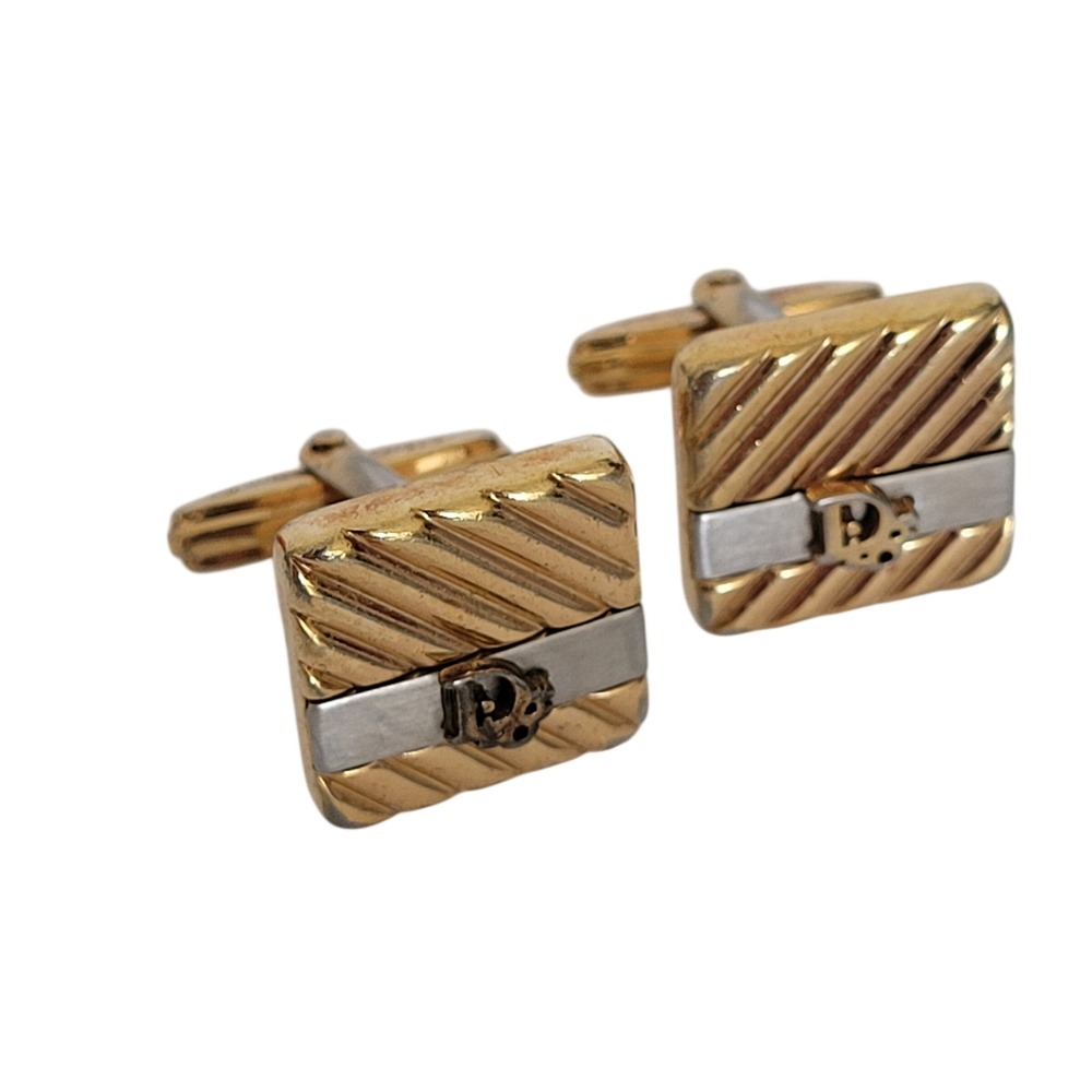 Christian Dior Vintage Cufflinks Two Tone Gold Silver Logo Germany Square Mens